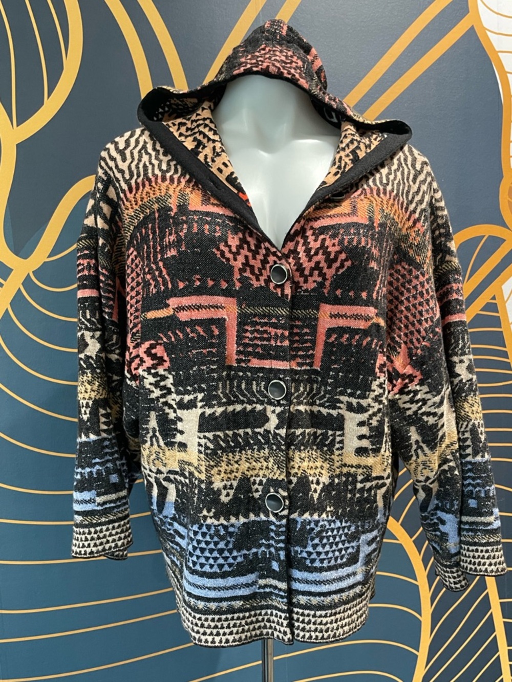 Aldo Martins Peach and Black Patterned Knit Top with Hood